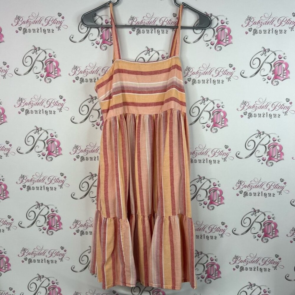FarWest dress ruffle frill hem orange pink Striped flowy adjustable straps